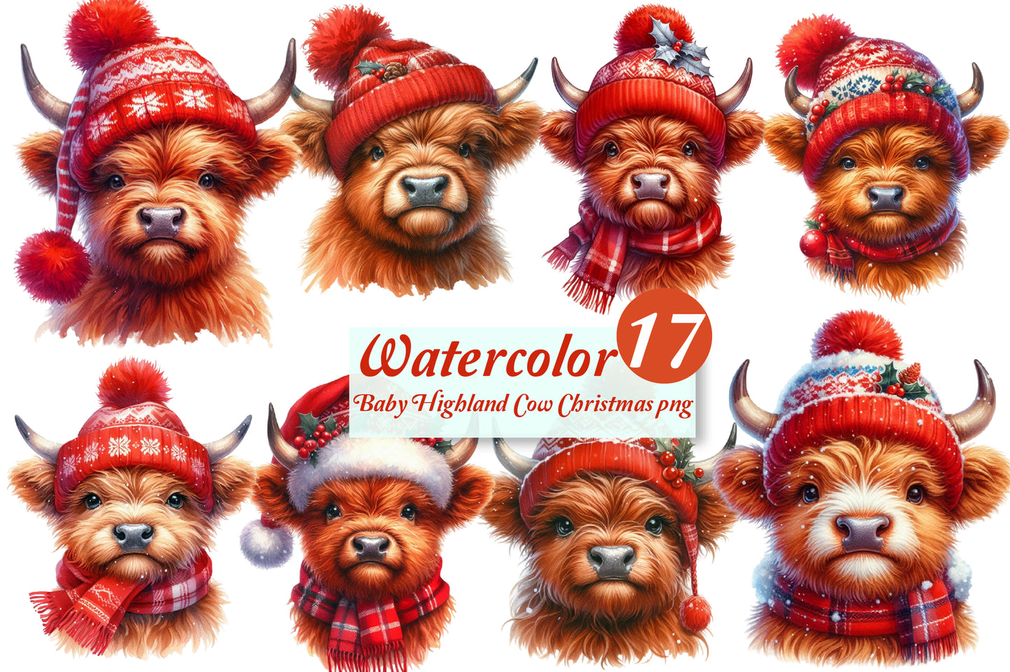 Baby Highland Cow Christmas PNG Bundle | Watercolor Highland Cow, Cute Baby Cow & Festive Christmas Clipart