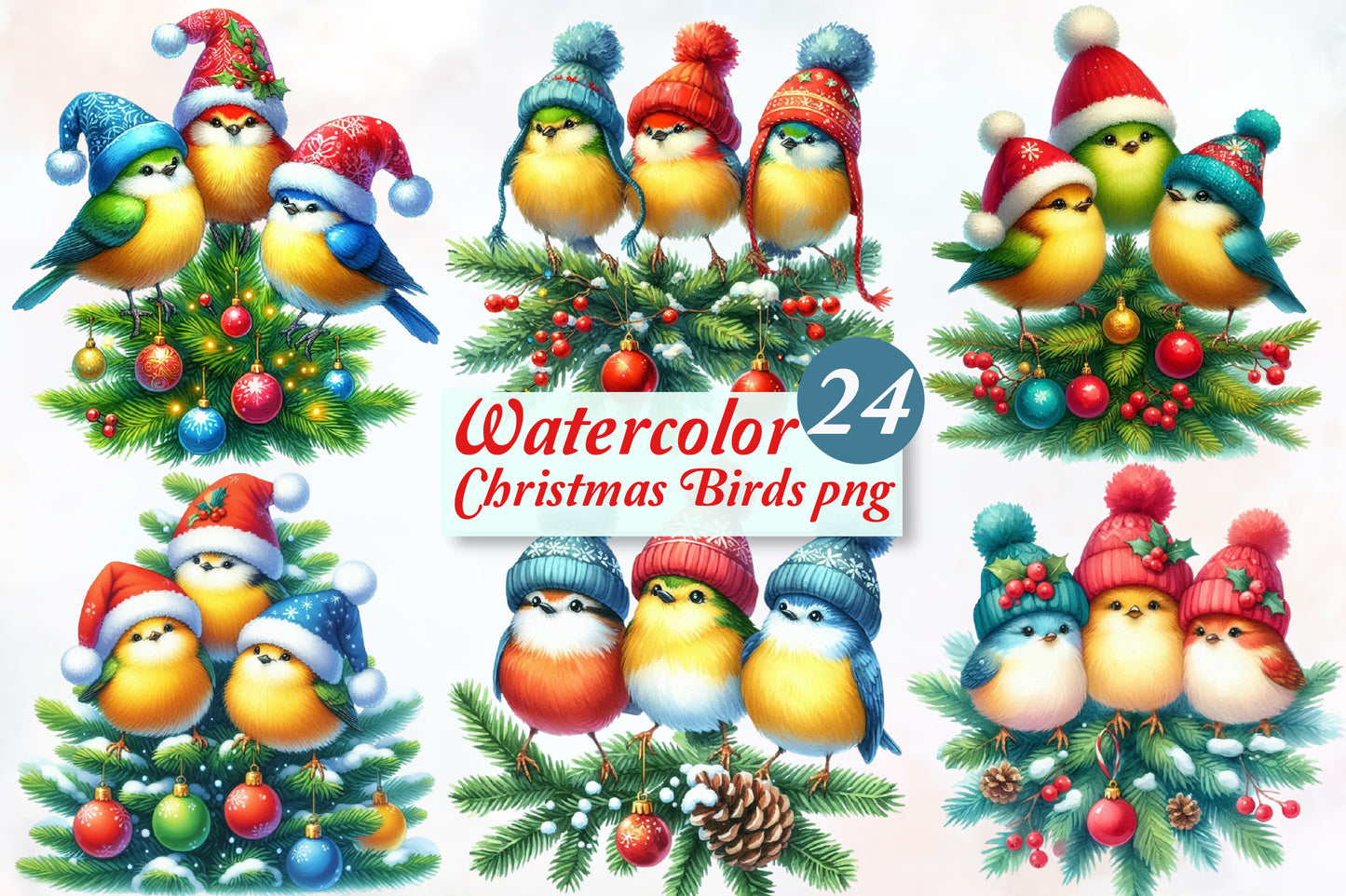 Watercolor Christmas Birds PNG Bundle 24 Festive Bird Clipart