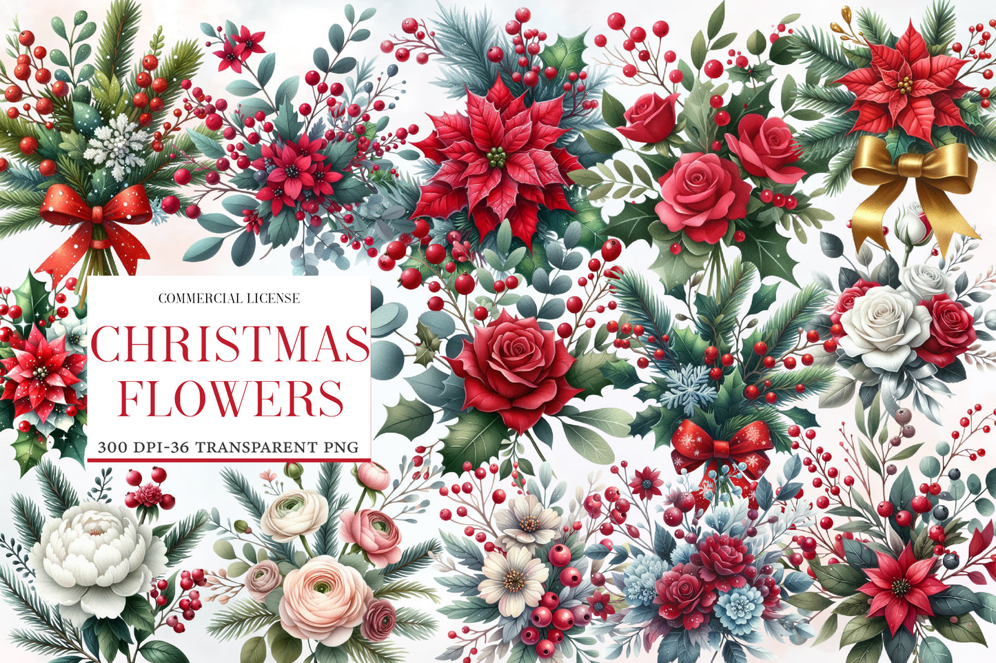 Christmas Flowers Clipart PNG Bundle | Watercolor Festive Christmas Flower Clipart | Holiday Floral Sublimation PNG
