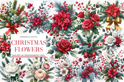 Christmas Flowers Clipart PNG Bundle | Watercolor Festive Christmas Flower Clipart | Holiday Floral Sublimation PNG