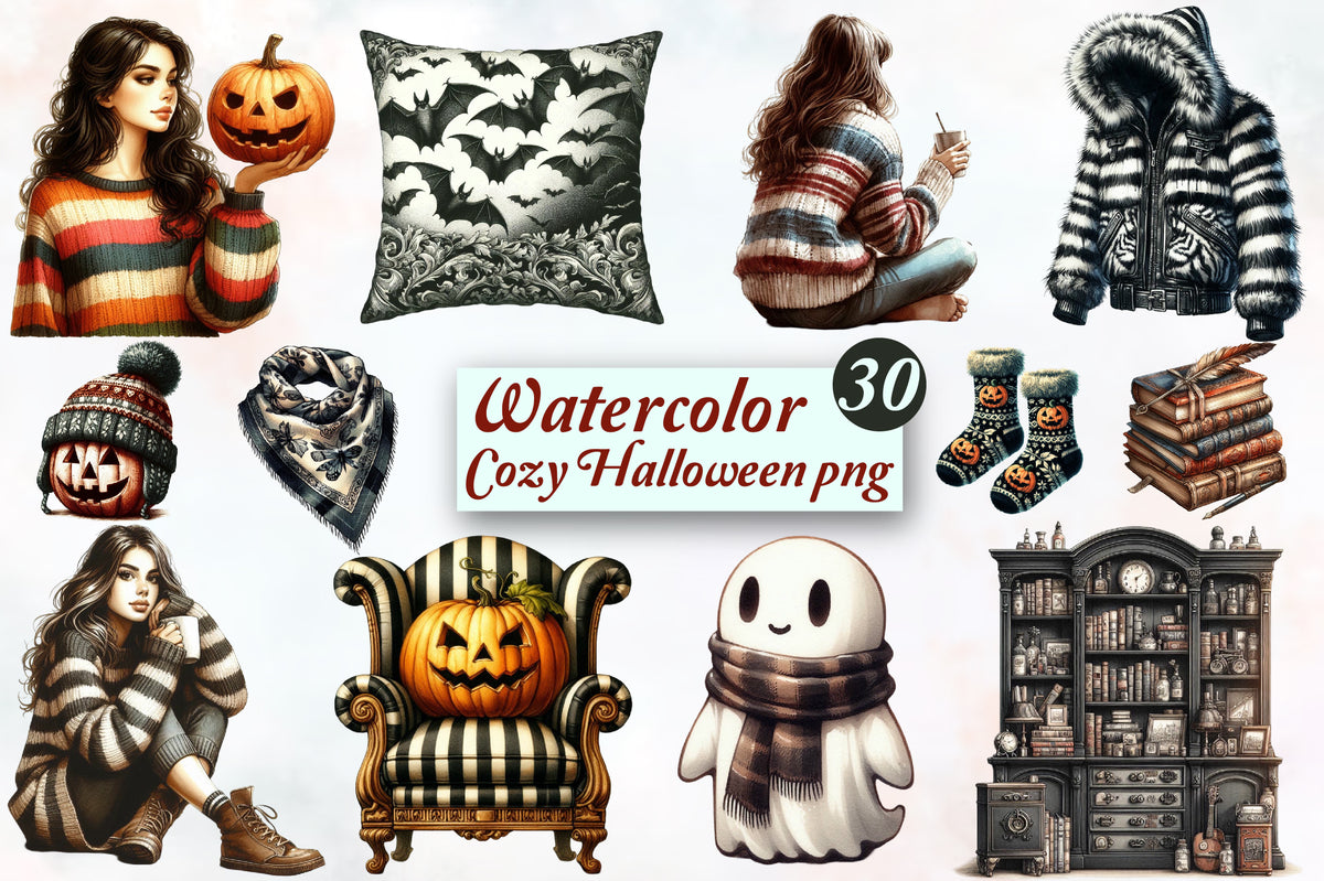 Cozy Halloween PNG Bundle 30 Watercolor Autumn & Halloween Clipart