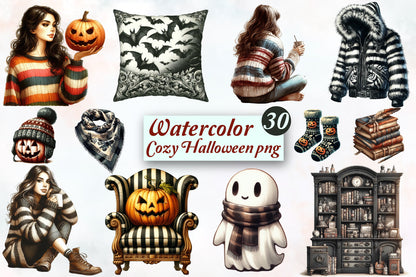 Cozy Halloween PNG Bundle 30 Watercolor Autumn & Halloween Clipart