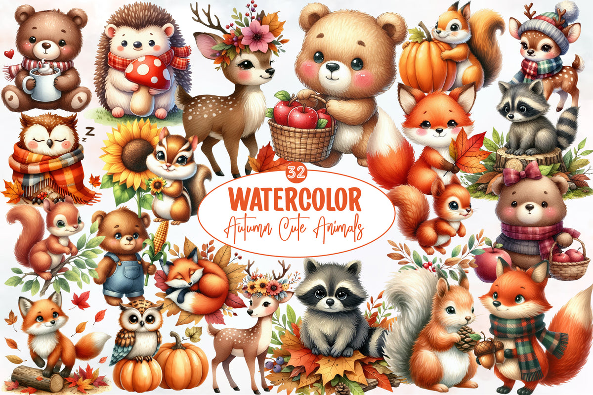 Watercolor Autumn Cute Animals Clipart Bundle Fall Woodland PNG