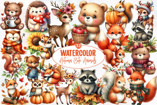 Watercolor Autumn Cute Animals Clipart Bundle Fall Woodland PNG