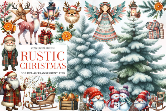 Rustic Christmas Watercolor Clipart PNG Bundle | Vintage Christmas Clipart | Rustic Christmas Sublimation PNG
