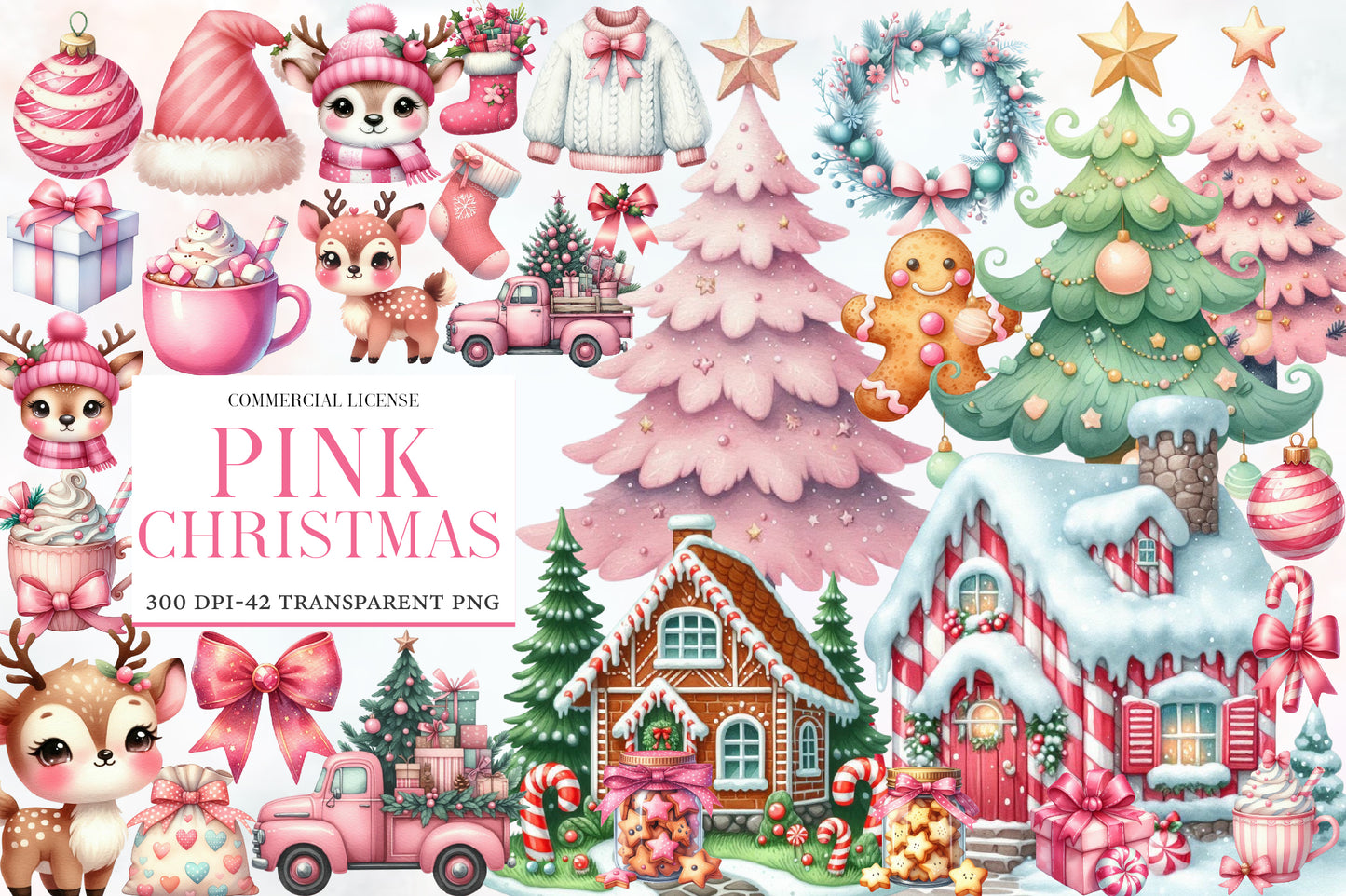 Pink Christmas Watercolor Clipart PNG Bundle | Cute Pink Christmas Clipart | Pastel Christmas Sublimation PNG