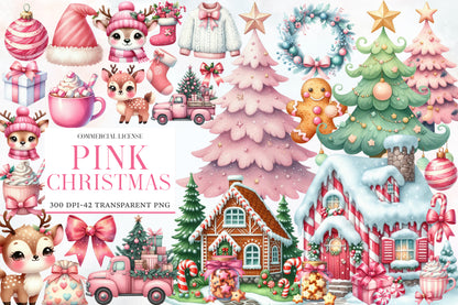Pink Christmas Watercolor Clipart PNG Bundle | Cute Pink Christmas Clipart | Pastel Christmas Sublimation PNG