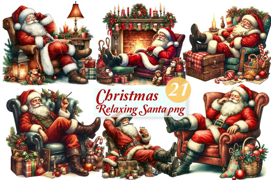 Christmas Relaxing Santa PNG Bundle | Vintage Santa Claus Watercolor, Cozy Christmas Santa Clipart