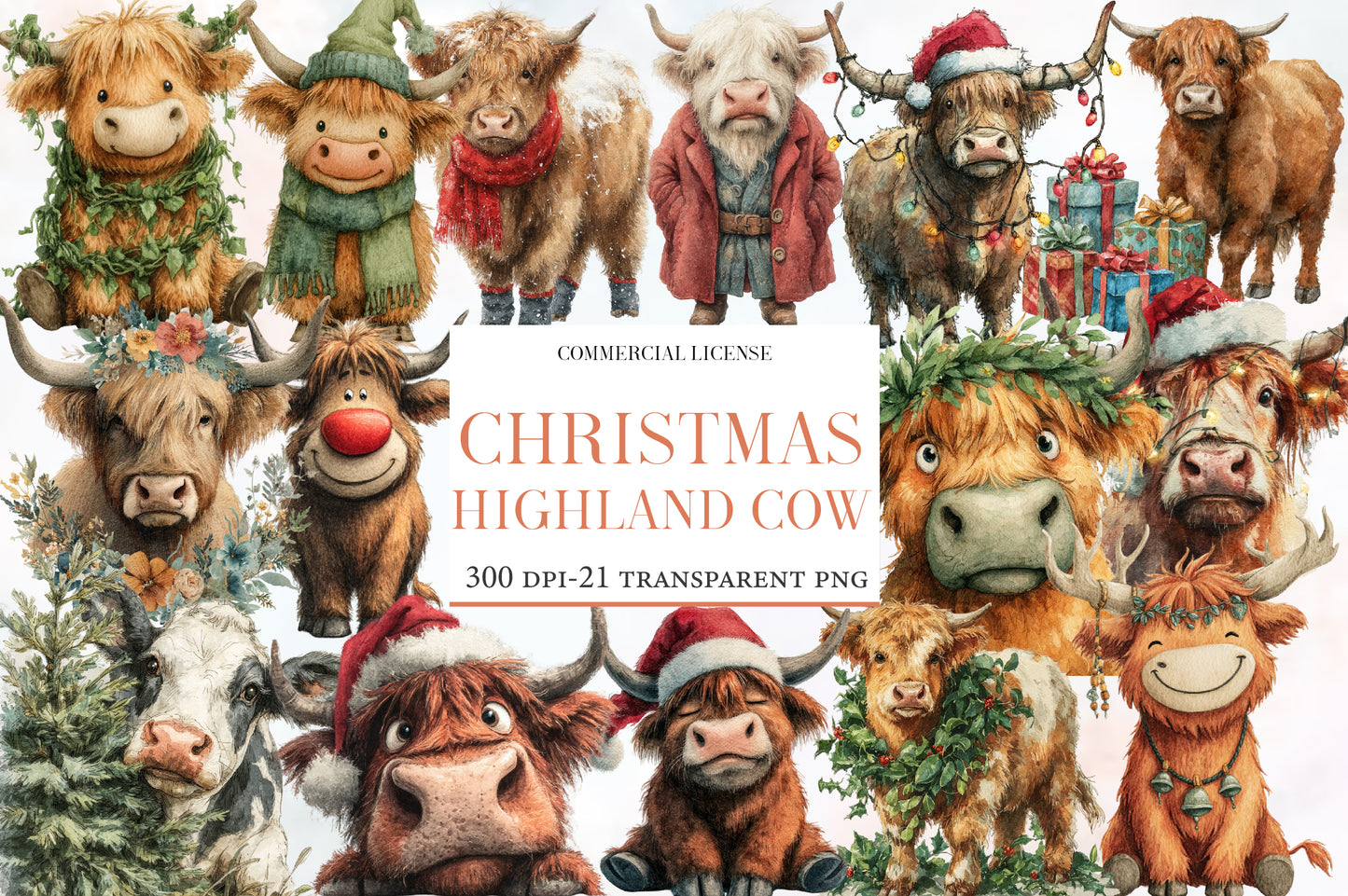 Christmas Highland Cow PNG Clipart Bundle | Watercolor Cute Farmhouse Highland Cow Christmas PNG | Holiday Sublimation