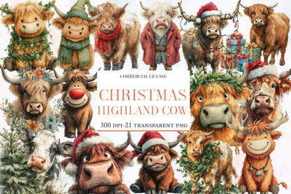 Christmas Highland Cow PNG Clipart Bundle | Watercolor Cute Farmhouse Highland Cow Christmas PNG | Holiday Sublimation
