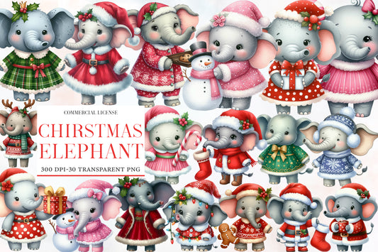Christmas Elephant Clipart PNG Bundle | Watercolor Christmas Elephants, Santa Hats, Gifts, Snowman & Holiday Clipart