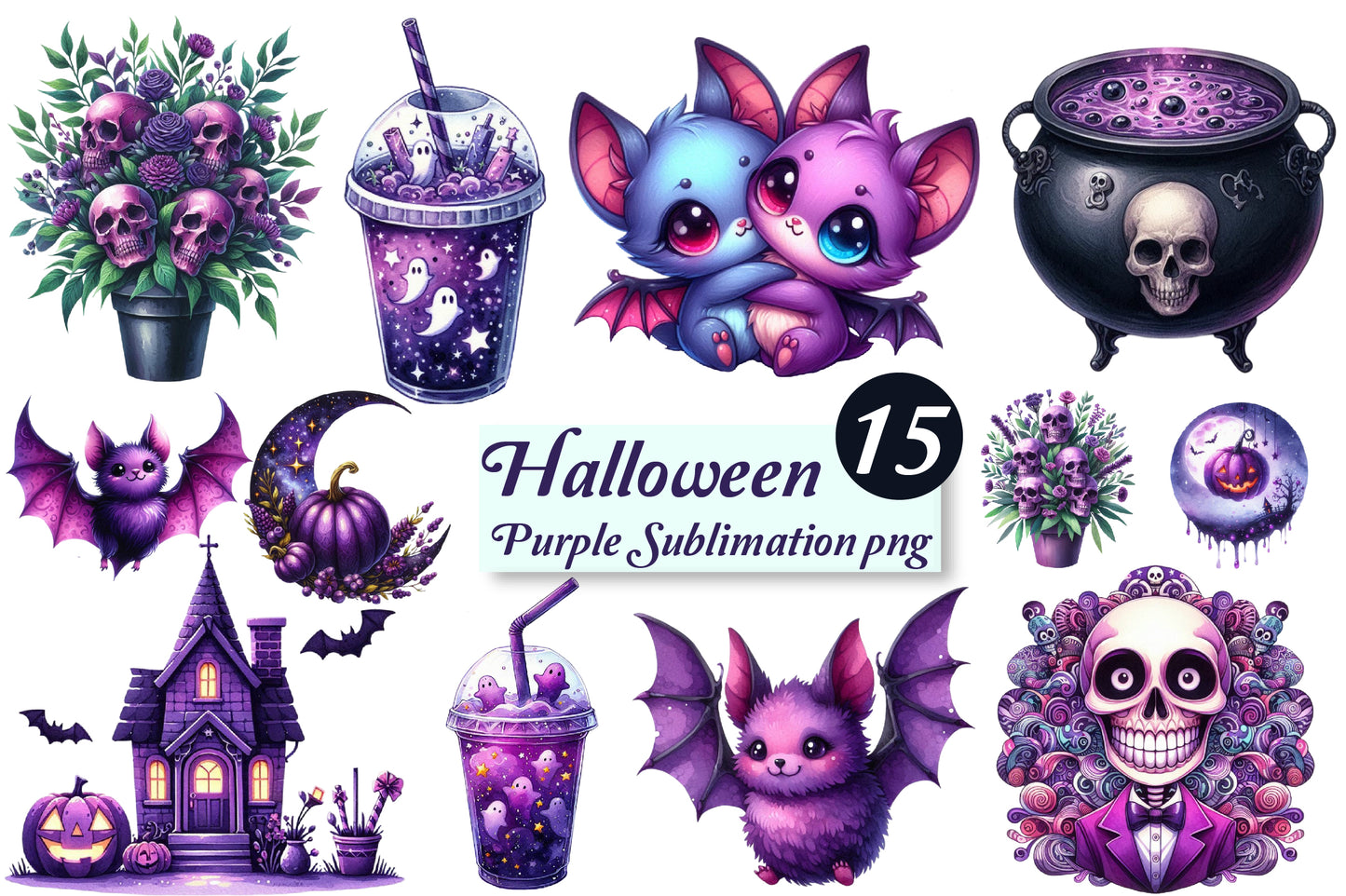 15 Halloween Purple Sublimation PNG Bundle Cute Bat Skull Witch Clipart