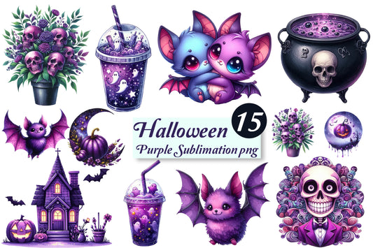 15 Halloween Purple Sublimation PNG Bundle Cute Bat Skull Witch Clipart