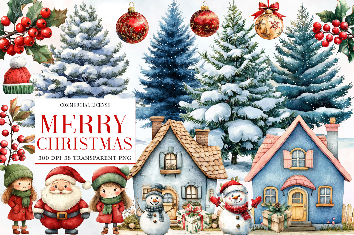Merry Christmas Clipart PNG Bundle | Christmas Watercolor Clipart | Snowy Christmas Tree & Winter Holiday PNG