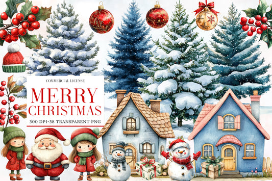 Merry Christmas Clipart PNG Bundle | Christmas Watercolor Clipart | Snowy Christmas Tree & Winter Holiday PNG