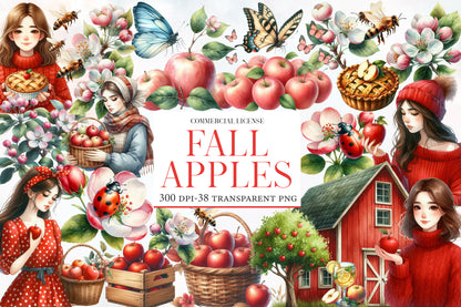 Fall Apples Watercolor Clipart PNG Bundle | Cute Apple Orchard Clipart | Autumn Sublimation