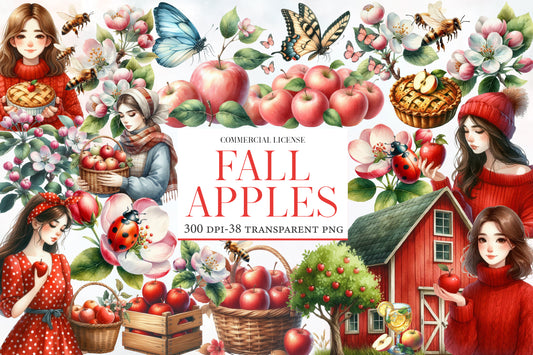 Fall Apples Watercolor Clipart PNG Bundle | Cute Apple Orchard Clipart | Autumn Sublimation