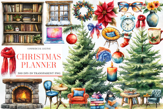 Christmas Planner Clipart PNG Bundle | Watercolor Cute Christmas Planner Stickers | Holiday Planner Sublimation PNG