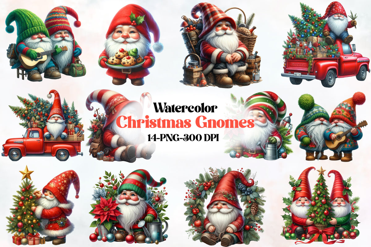14 Christmas Gnomes PNG Clipart Bundle Watercolor Holiday Gnome Sublimation