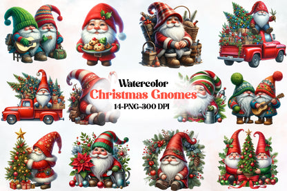 14 Christmas Gnomes PNG Clipart Bundle Watercolor Holiday Gnome Sublimation