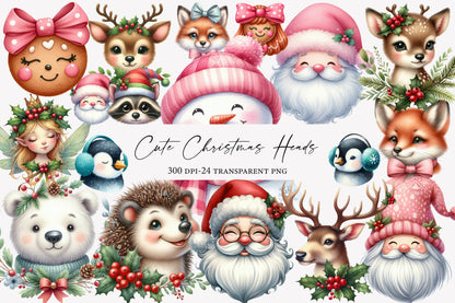 Cute Christmas Heads Clipart PNG Bundle | Santa, Snowman, Reindeer, Fox, Penguin, Deer, Bear & Gingerbread Holiday Characters