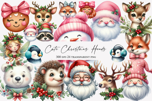 Cute Christmas Heads Clipart PNG Bundle | Santa, Snowman, Reindeer, Fox, Penguin, Deer, Bear & Gingerbread Holiday Characters