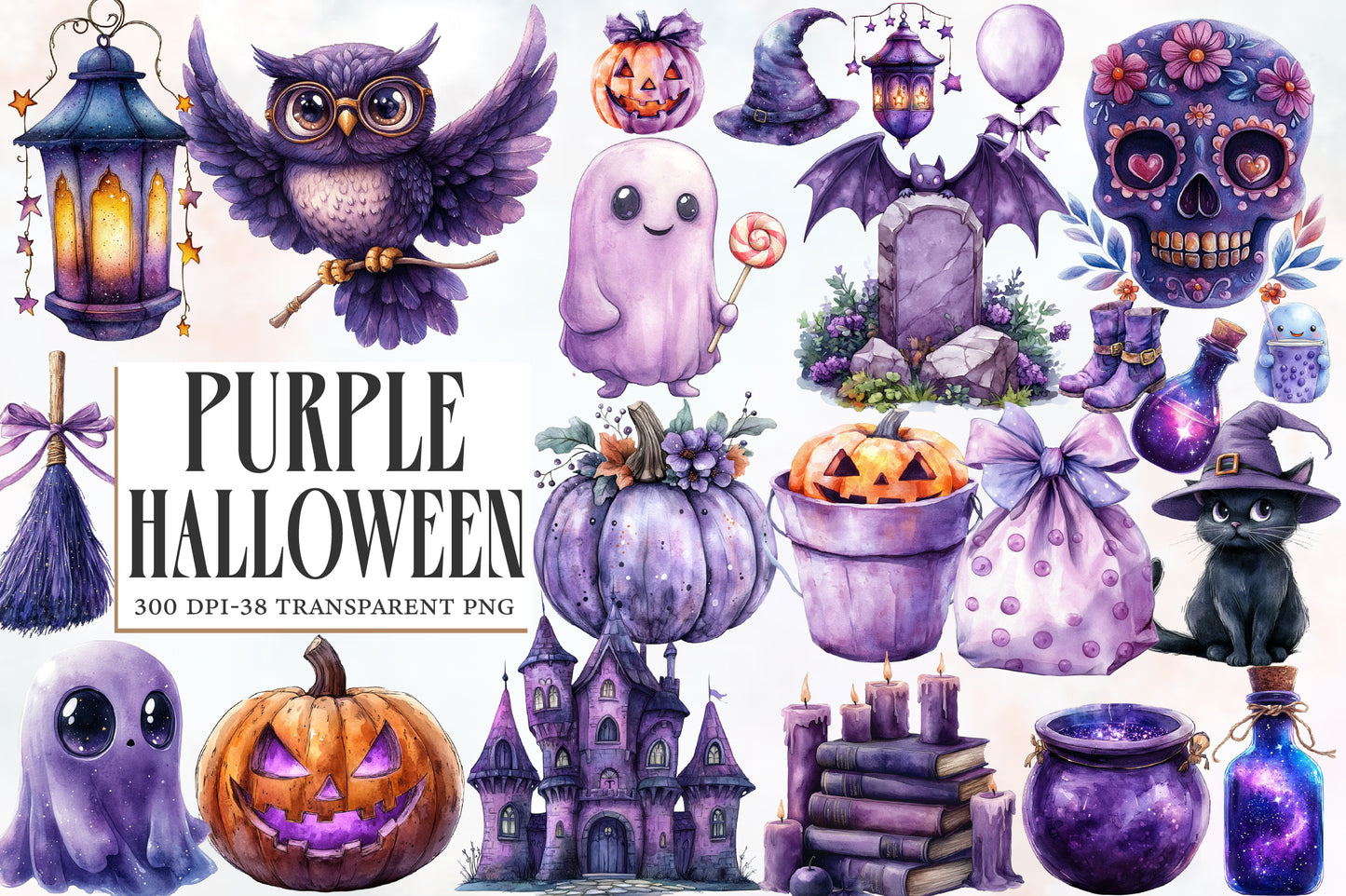 Purple Halloween Watercolor Clipart PNG Bundle | Cute Purple Halloween Clipart | Purple Halloween Sublimation PNG