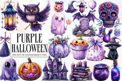 Purple Halloween Watercolor Clipart PNG Bundle | Cute Purple Halloween Clipart | Purple Halloween Sublimation PNG