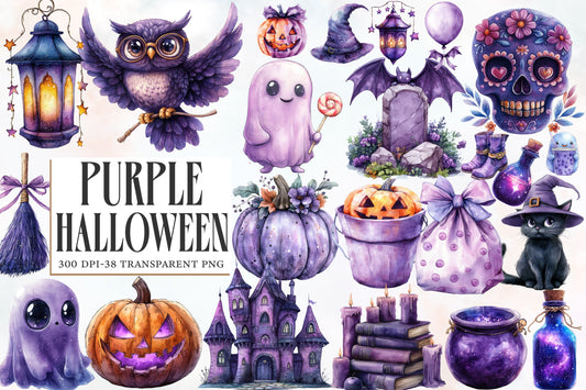 Purple Halloween Watercolor Clipart PNG Bundle | Cute Purple Halloween Clipart | Purple Halloween Sublimation PNG