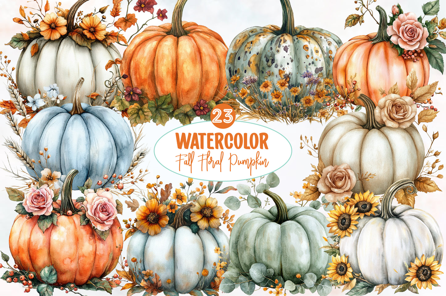 Autumn Pumpkin Floral PNG Bundle | Watercolor Pumpkin Clipart, Fall Pumpkin PNG