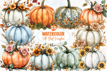 Autumn Pumpkin Floral PNG Bundle | Watercolor Pumpkin Clipart, Fall Pumpkin PNG