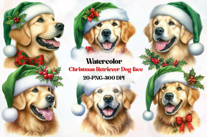 Watercolor Christmas Retriever Dog Clipart PNG Bundle | Cute Santa Hat Golden Retriever Holiday Designs