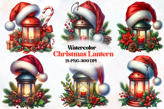 21 Christmas Lantern PNG Watercolor Clipart Bundle Santa Hat Holiday