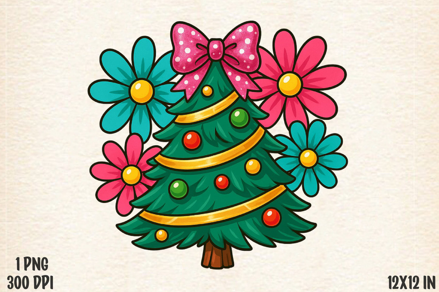 Cute Christmas Tree PNG Floral Bow Holiday Sublimation Design