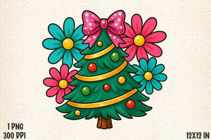 Cute Christmas Tree PNG Floral Bow Holiday Sublimation Design