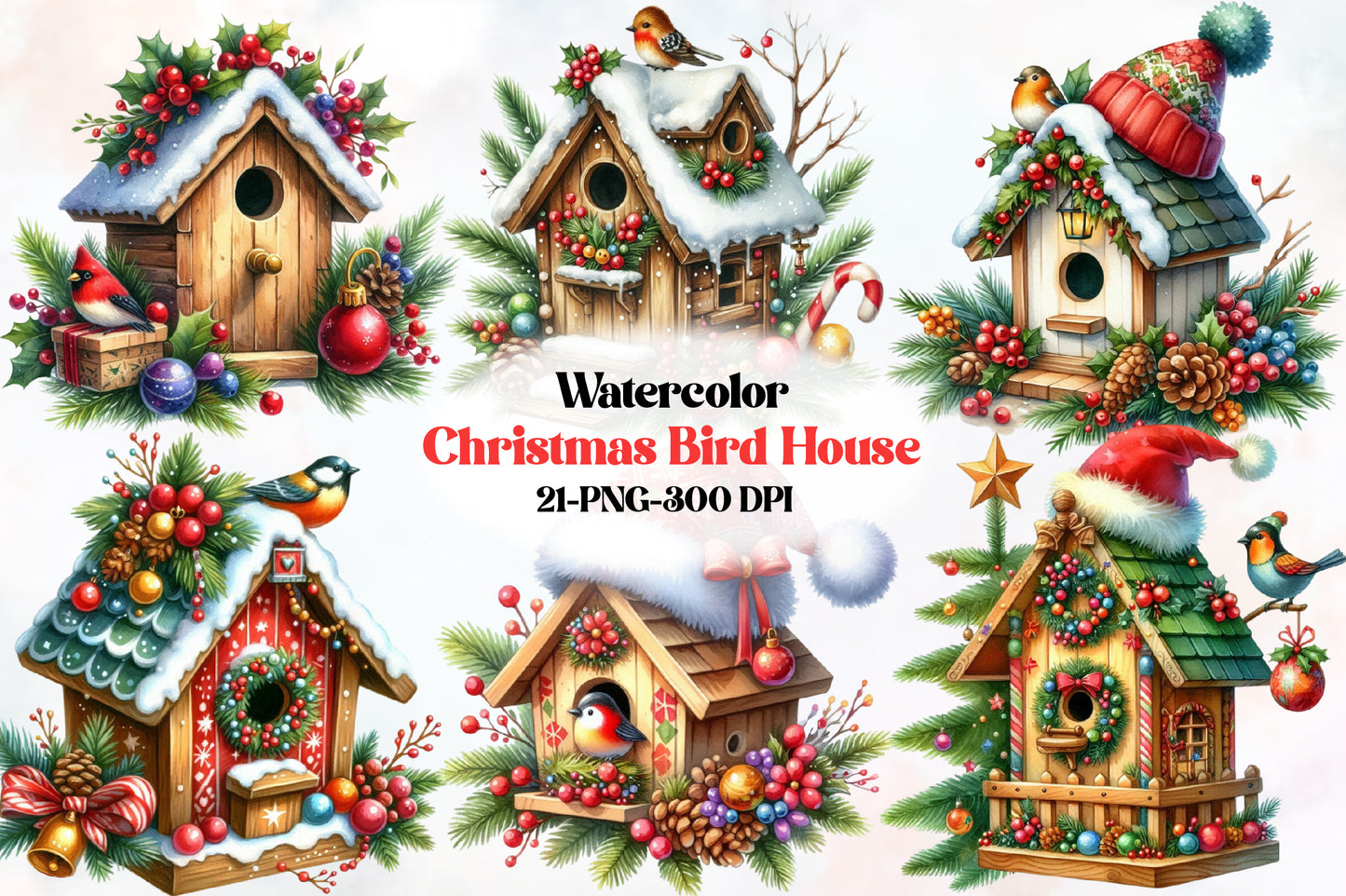 Christmas Bird House Clipart PNG Bundle | Winter Birdhouse, Christmas Birds, Snowy Bird House & Festive Holiday Cottage Designs