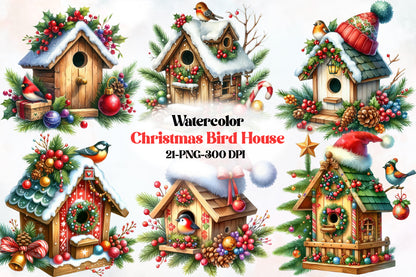 Christmas Bird House Clipart PNG Bundle | Winter Birdhouse, Christmas Birds, Snowy Bird House & Festive Holiday Cottage Designs