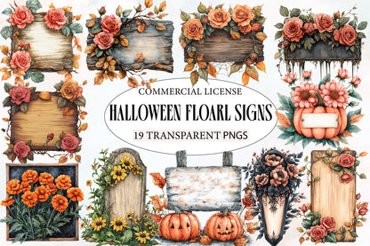 Halloween Floral Signs Clipart PNG | Rustic Wood Sign, Pumpkin & Rose Floral Frames,