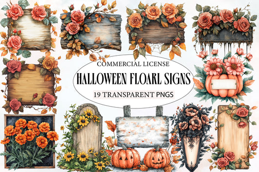 Halloween Floral Signs Clipart PNG | Rustic Wood Sign, Pumpkin & Rose Floral Frames,