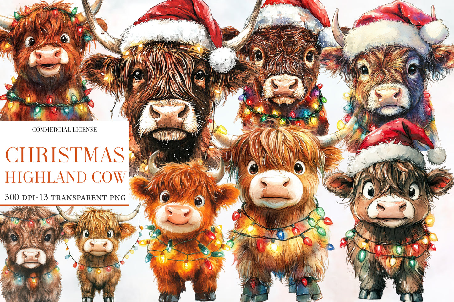 Christmas Highland Cow Clipart PNG Bundle | Watercolor Festive Highland Cow Clipart | Farmhouse Christmas Sublimation PNG