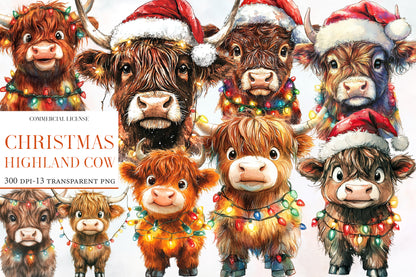 Christmas Highland Cow Clipart PNG Bundle | Watercolor Festive Highland Cow Clipart | Farmhouse Christmas Sublimation PNG