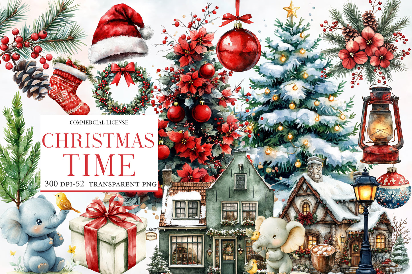 Christmas Time Watercolor Clipart PNG Bundle | Cute Christmas Holiday Watercolor Clipart | Festive Winter Sublimation PNG