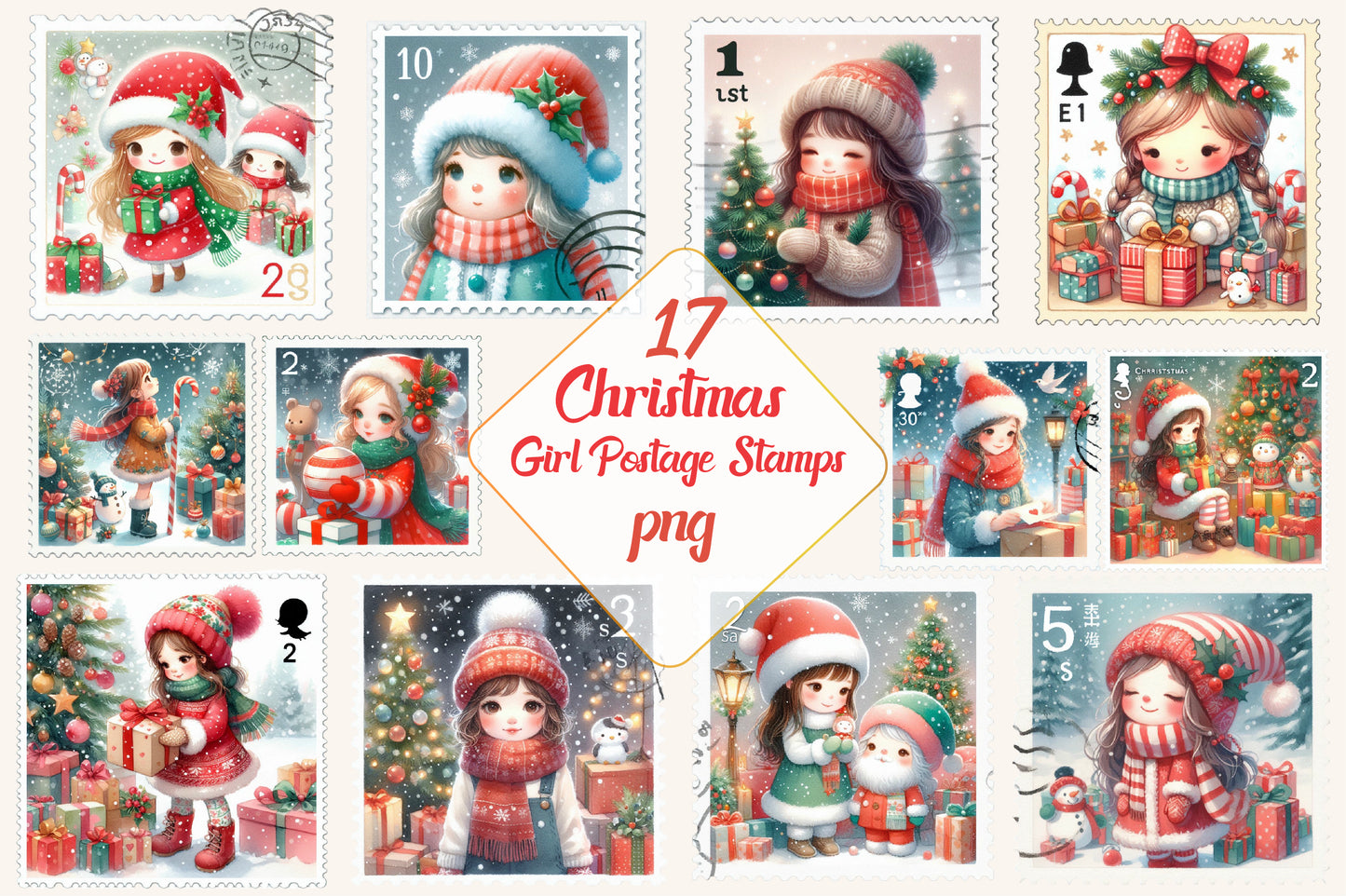 Christmas Girl Postage Stamps PNG Bundle | Watercolor Christmas Girl Stamp Clipart, Holiday Winter Girls & Festive Postage