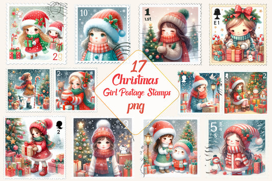 Christmas Girl Postage Stamps PNG Bundle | Watercolor Christmas Girl Stamp Clipart, Holiday Winter Girls & Festive Postage