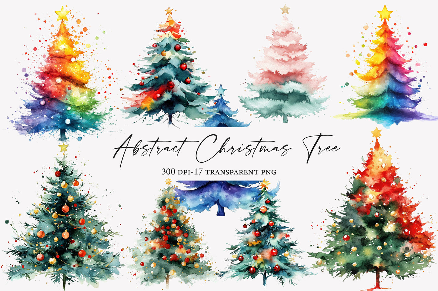 Abstract Watercolor Christmas Tree PNG Bundle | Modern Holiday Tree Clipart | Festive Winter Christmas Tree PNG