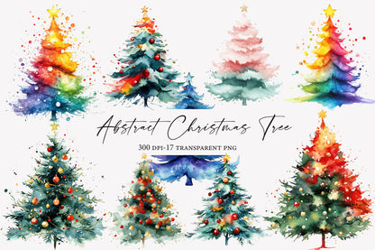 Abstract Watercolor Christmas Tree PNG Bundle | Modern Holiday Tree Clipart | Festive Winter Christmas Tree PNG