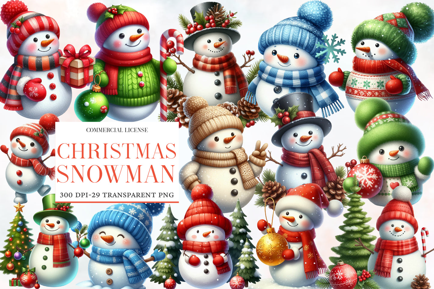 Christmas Snowman Clipart PNG Bundle | Watercolor Cute Christmas Snowman Clipart | Festive Winter Snowman Sublimation PNG