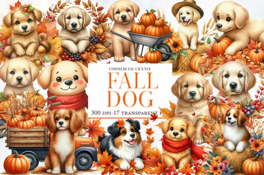 Fall Dog Watercolor Clipart PNG Bundle | Cute Autumn Puppy Clipart | Thanksgiving Sublimation