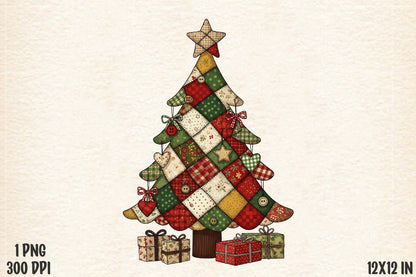 Patchwork Christmas Tree Sublimation PNG
