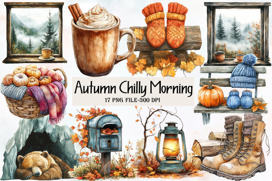 Watercolor Autumn Chilly Morning Clipart Bundle Cozy Fall PNG